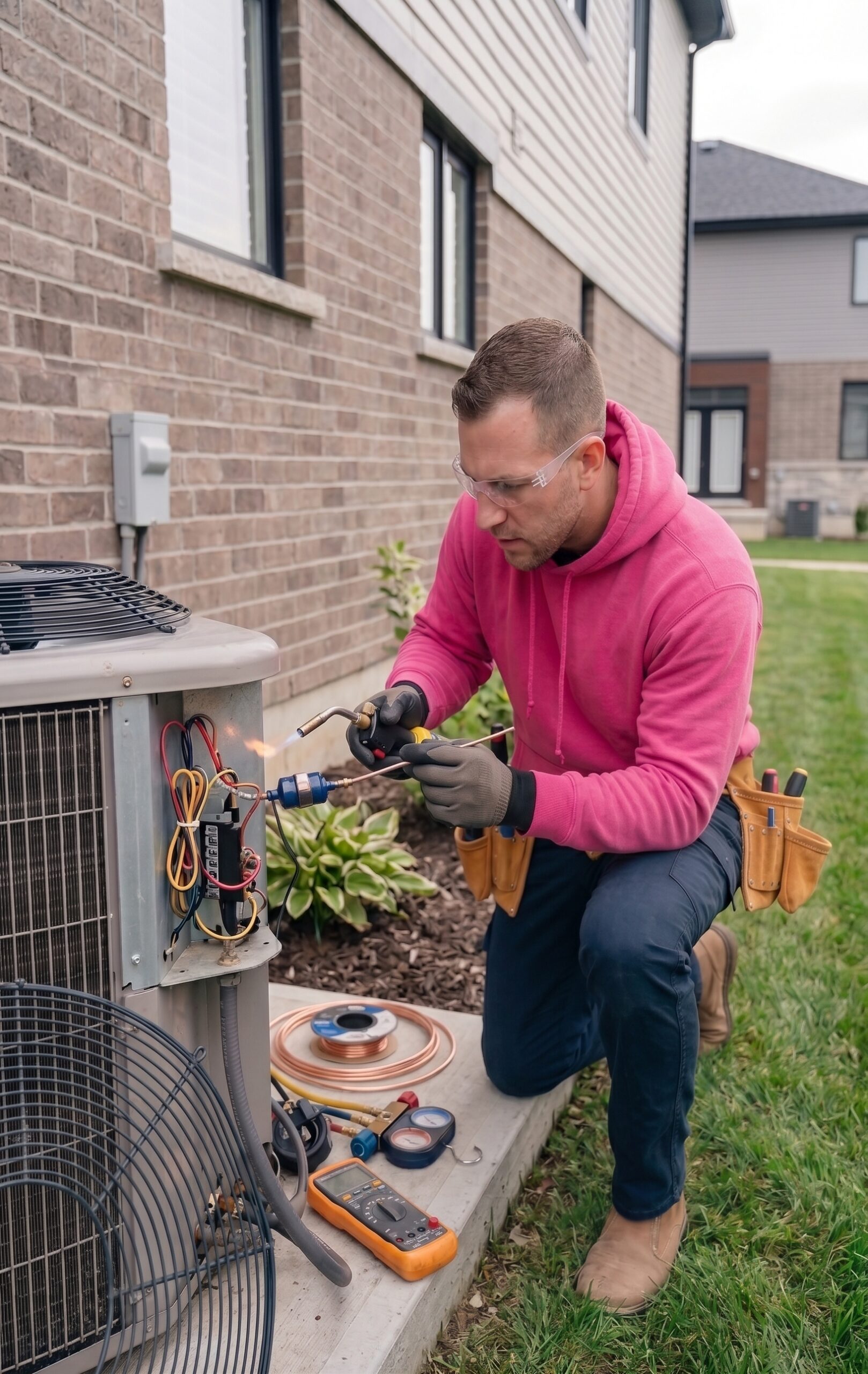 Certified HVAC technician repairing an air conditioning system