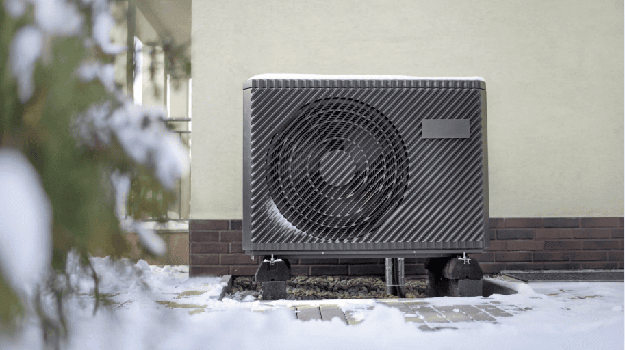Modern heat pump unit outside home for heating and cooling